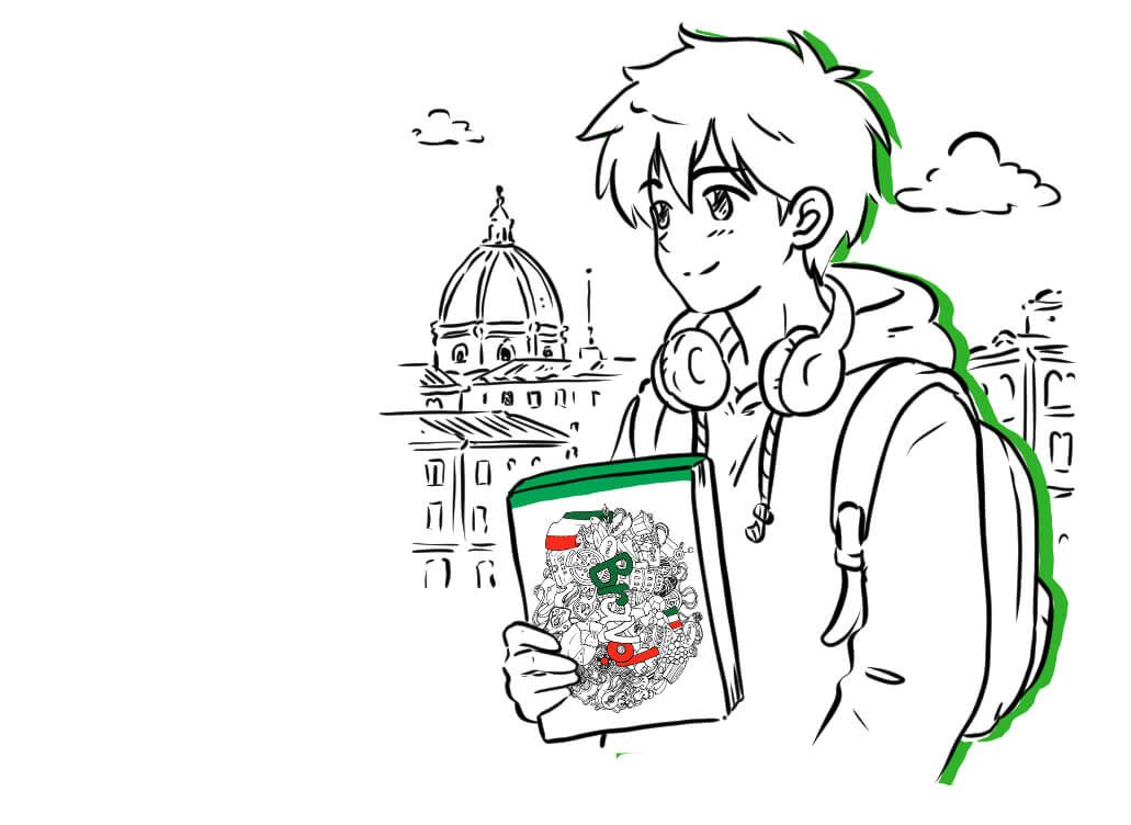 Il·lustració d'un jove amb auriculars i motxilla sostenint un llibre únic d'italià 'Bravo' de Tanuki, amb la catedral de Florència de fons. Creat per a la secció de cursos d'italià per a adolescents a Andorra de Tanuki Escola.
