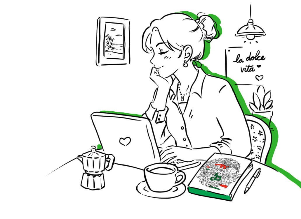 Il·lustració d'una dona estudiant amb un ordinador i una cafetera italiana, amb un llibre on es llegeix 'Bravo' i un cartell de 'la dolce vita'. Representa els cursos d'italià per a adults a Andorra de Tanuki Escola d'idiomes.