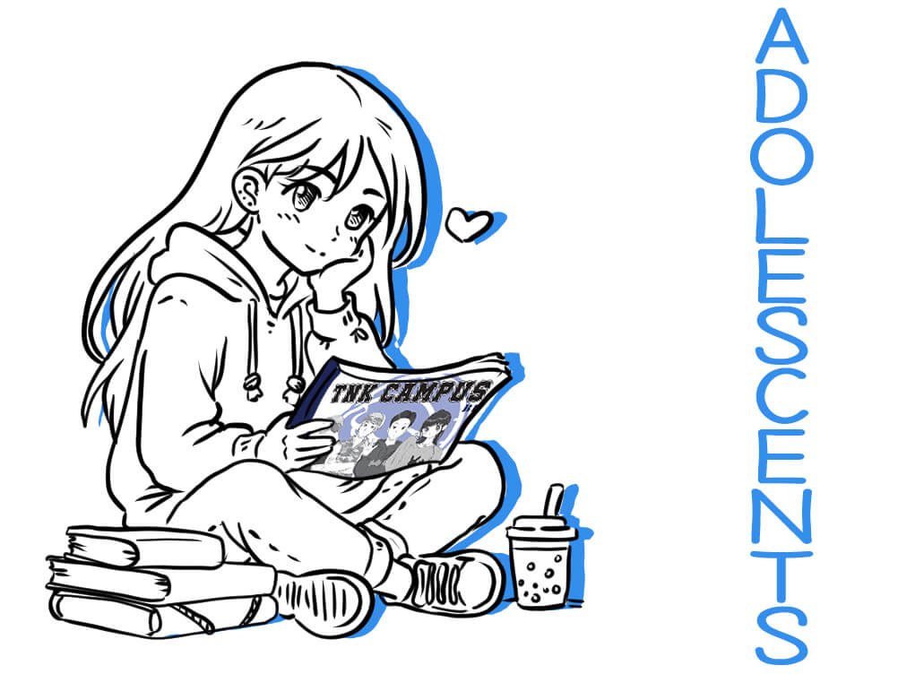 Ilustración para cursos de ADOLESCENTS en Andorra de Tanuki Escola d'idiomes. Muestra a una joven leyendo el libro TNK CAMPUS con libros y bubble tea, representando el mètode Tanuki para jóvenes.