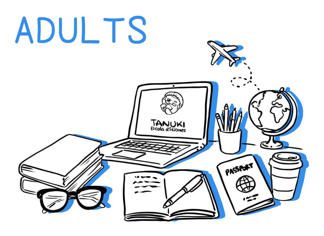 Ilustración de escritorio de estudio para adultos con portátil mostrando logo Tanuki Escola d'idiomes, libros, pasaporte y globo terráqueo. Representa cursos de idiomas para adultos en Andorra con método Tanuki enfocados en viajar y trabajo